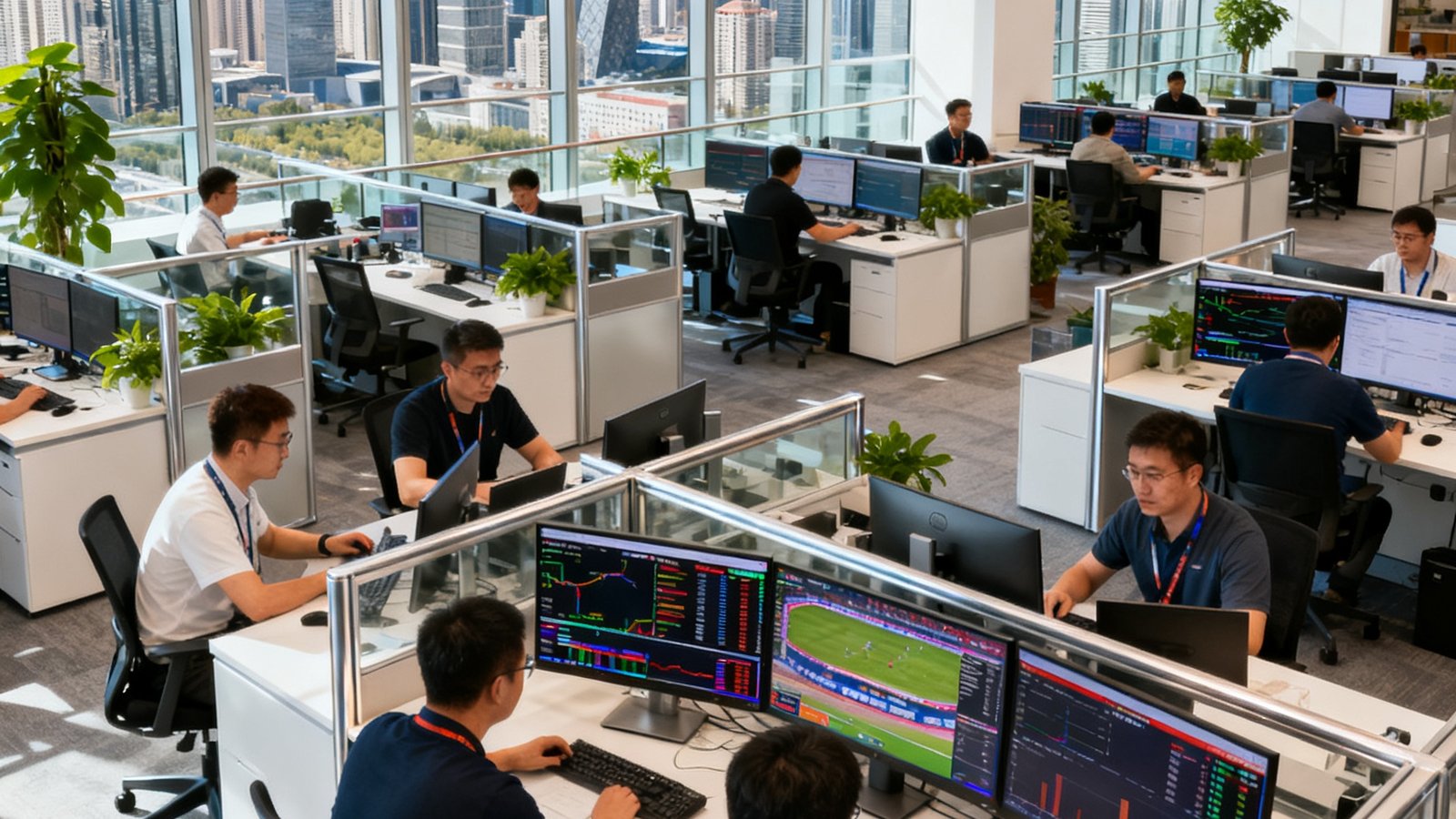 V体育位于北京国贸核心商圈的开放式办公区，数十名技术工程师和赛事数据分析师在现代化工位上协作办公