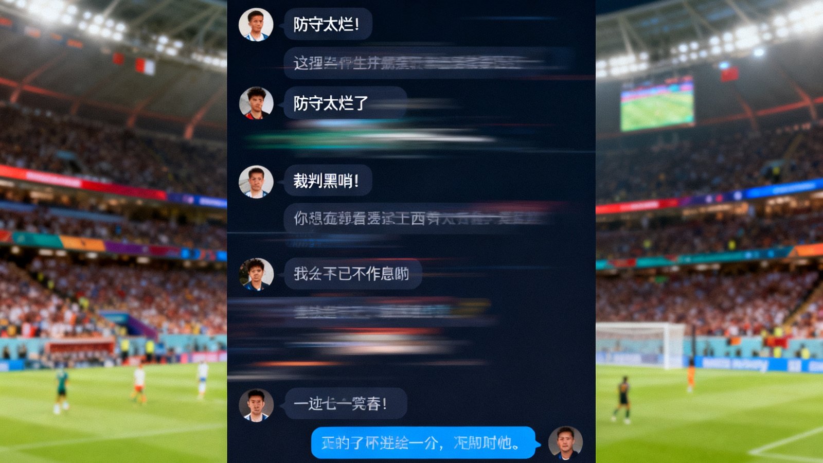 V体育球迷社区直播聊天室的界面截图，数百条实时聊天消息快速滚动，球迷们热烈讨论比赛进程